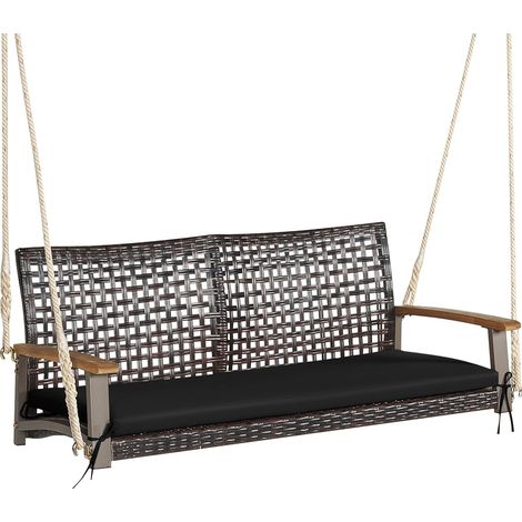 COSTWAY Balançoire de Jardin en Rotin à 2 Places, Balancelle de Porche en Osier avec Accoudoir en Bois d'Acacia et Coussin, Banc Suspendu avec 2 Cordes de Suspension de 300 CM, Charge 360 KG(Noir)