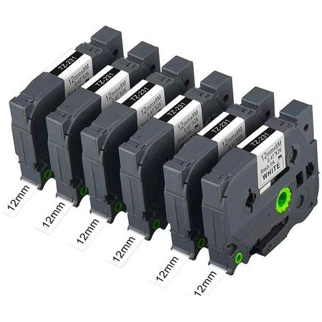 Lot de 6 rubans pour étiqueteuse TZe-231 P-Touch 1/2" x 26,2 pi (12 mm x 8 m) Noir sur blanc Compatible avec BRO PT-1010, (1/5)
