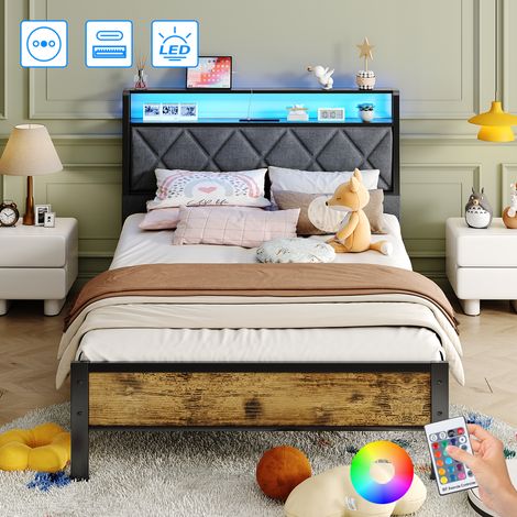 Lit 90x200 cm en lin gris avec sommier, lit coffre avec éclairage LED et ports USB + Type C, lit adulte moderne avec rangement, facile à monter (1/5)