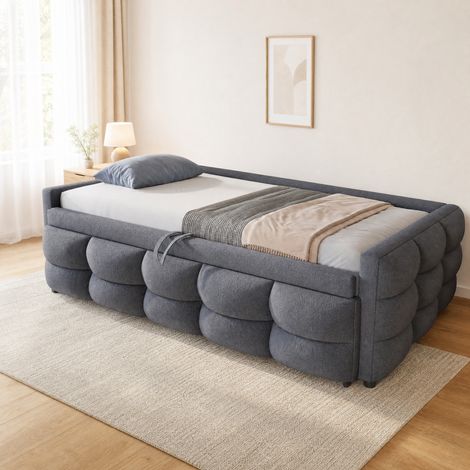 Ausziehbares Polsterbett 90/180 x 190 cm aus Teddy-Stoff, Grau, mit Lattenrost, OKWISH (1/5)