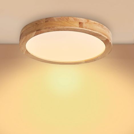 1 Plafonnier LED Rond Bois 40cm Blanc Chaud 3000K 28W Salon Cuisine Chambre
