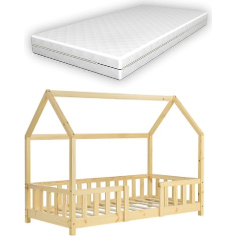 Casita-cama infantil con colchón barrera y somier de láminas de madera de pino natural 70 x 140 cm 030005481