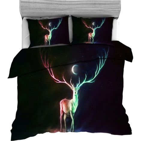 Ensemble de literie 3 pièces, motif animaux sauvages, coloré, polyester, pour chambre à coucher, Crescent Deer, 200 x 200 cm.