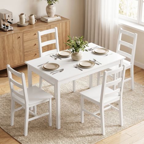 Ensemble salle à manger 5 pièces pour 4 personnes, table rectangulaire et chaises en bois massif, pour petits espaces, Blanc (1/5)