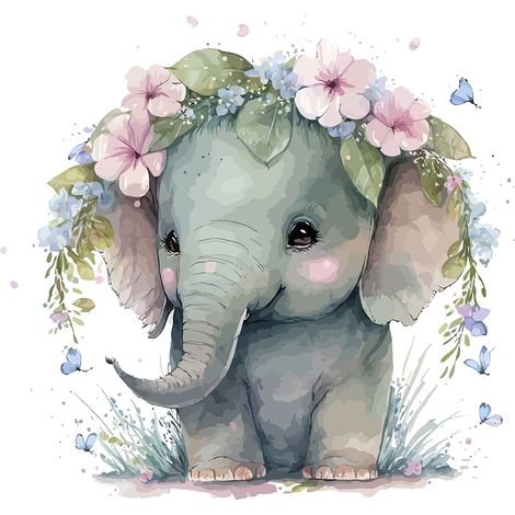 Papier peint panoramique Enfants - Eléphant Fleurs - 130 cm x 84 cm (1/2)