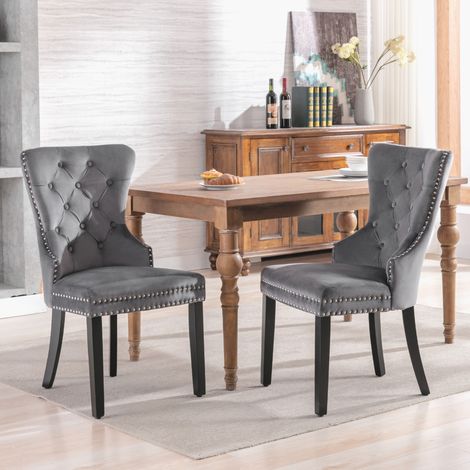 Silla de comedor de terciopelo gris, lote de 2, respaldo capitoné, DESVIAE (1/5)