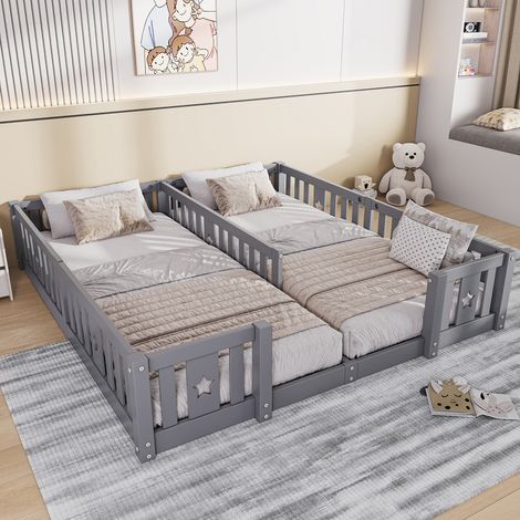 Lit Enfant Double 180x200 cm en Bois de Pin Massif,Lit Montessori au Sol, Lit Surélevé avec Motif Étoile et Barrière de Sécurité, Pas de Sommier à Lattes, Gris (1/5)