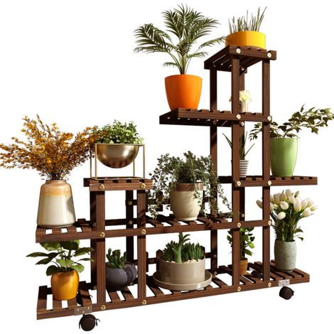 Support à plantes en bois à plusieurs niveaux, étagère à fleurs sur roulettes, pour salon, balcon, terrasse, jardin ou clôture. (1/5)