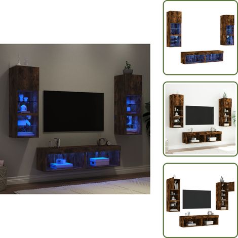 The Living Store Muebles TV pared con LED 6 pzas madera ingeniería roble ahumado - TV de pared