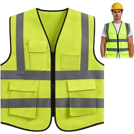 Gilet de sécurité réfléchissant, Gilet d’alerte avec fermeture éclair, 5 poches multifonctionnelles, design respirant et confortable, pour le travail et les activités de plein air (1/5)