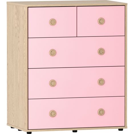 Neptune 5 Drawer Chest of Drawers Bedroom Storage Furniture, Pink-&-Oak (1/5)