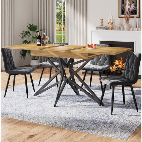 Set da pranzo con tavolo allungabile e 4 sedie, MDF effetto noce e metallo, sedie in velluto grigio scuro, 120/160x80x66,1 cm (1/5)
