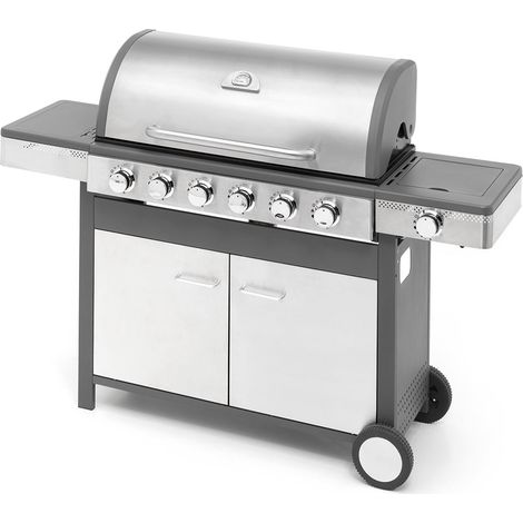 Barbecue 6 brûleurs en inox et cuisinière latérale à gaz LPG Dimensions : P 58 x L 157,5 x H 115,5 cm. Poids : 46 kg Fabriqué en Italie (1/4)