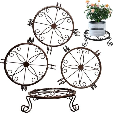 Lot de 4 supports de plantes en métal robustes support en pot rond en fer antirouille support de pot de fleurs (bronze) (1/5)