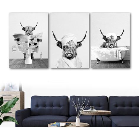 Lot de 3 posters de salle de bain - Motif vache des Highlands - Impression murale en noir et blanc-30x42 cm