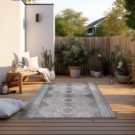 Tapis réversible pour l'intérieur et l'extérieur - Résistant aux intempéries et imperméable - Motif bohème moderne - Motif ethnique géométrique - Pour jardin, balcon, terrasse, salon (1/5)