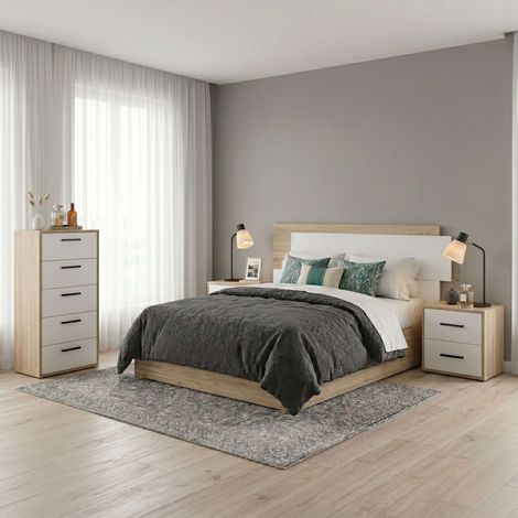 Pack de Dormitorio con Cabecero + 2 Mesitas de Noche y Sinfonier Roble Cambrian y Blanco Mate