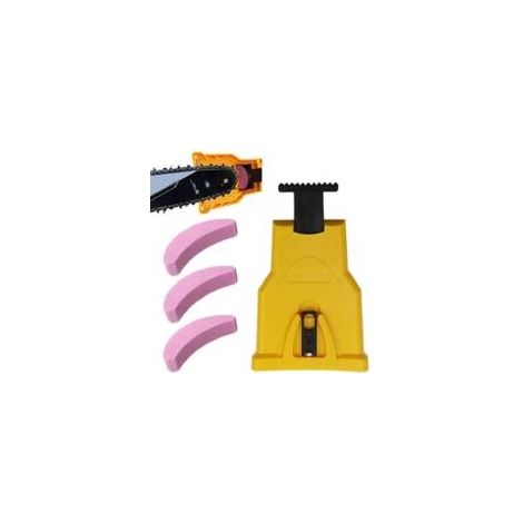 Aiguiseur de Dents Pour Tronçonneuse,Aiguiseur Automatique(1Pcs), Pierre à Aiguiser Remplaçable(3 Pcs), Ajustement Barre de Guidage Avec 2 Trous de Guidage (Jaune)