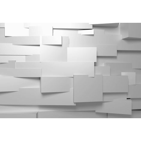 Papier peint panoramique trompe l'oeil graphique blanche | Tapisserie panoramique blanche 3D moderne | Papier peint panoramique pour cage d'escalier - 384 X 260 cm (8 pièces) (1/2)