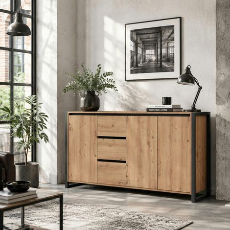 Buffet campagne 3 portes 3 tiroirs effet chêne 160 cm ALVA (1/5)