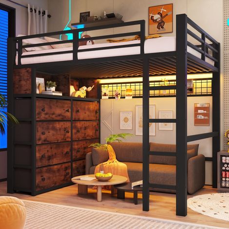 Lit mezzanine enfant 140x200cm en métal avec 8 tiroirs,éclairage LED et étagères,panneau perforé,lit superposé enfant,cadre de lit double,Noir (1/5)