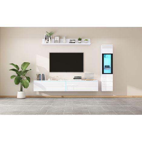Set de meubles pour le salon, composé de 3 pièces. Éclairage LED. Finition en laque blanche. Meuble destiné à être placé dans le salon. Il comprend : 1 armoire à télévision, 1 vitrine pour le salon, e (1/5)
