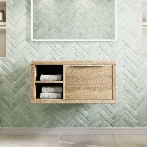 800mm Bathroom Vanity Unit Countertop Wall Hung With Shelves Grey Handle Oak Wood No Basin - LH Shelves (1/4)