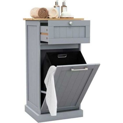 30L meuble à linge salle de bain avec panier basculant, tiroir et plateau en bambou, pour petits espaces (1/5)