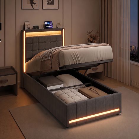 Polsterbett 90x200 cm mit hydraulischem Bettkasten, LED, USB- und Type-C-Anschlüssen, Chenille-Stoff und Kopfteil mit Seitenflügeln, Grau (1/5)