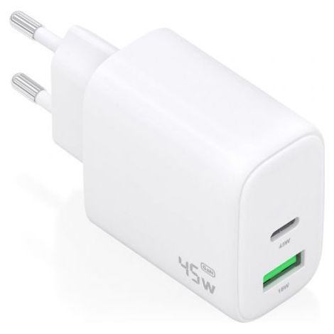 Cargador de Pared GaN Aisens A110-0971/ 1xUSB Tipo-C/ 1xUSB/ 45W/ Blanco