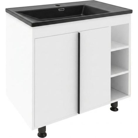 Ensemble meuble avec vasque - Naturel - Lucca - 79x70x45 cm avec vasque céramique noire - Blanc