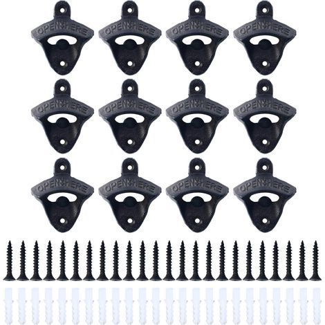 Set of 12 Cast Iron Wall Mounted Bottle Openers, Mounting Hardware Included, Vintage Rustic Bar (Wood Block Not Included) (1/5)