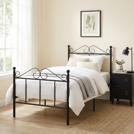 FurnitureR 3ft Single Bed, Metal Platform Bed Frame Solid Bedstead Base with Line-Beard High Headboard and Footboard, Slatted Bed Fits for Children Teenagers Adult, Suitable for 90x190cm Mattress, Bla