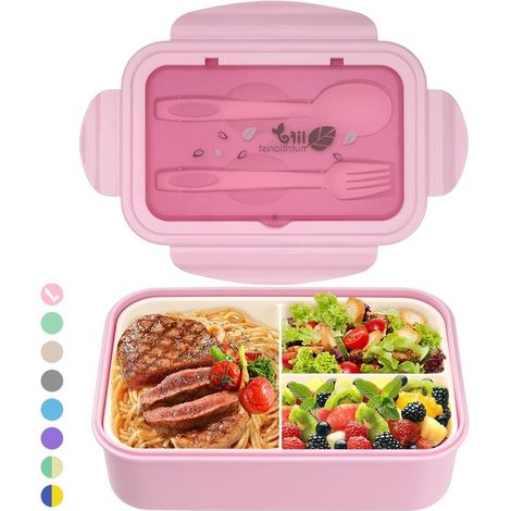 Portapranzo per adulti e bambini, 1400 ml, bento box a prova di perdite con 3 scomparti e posate, adatto al microonde, ideale per la scuola e il lavoro. (1/5)