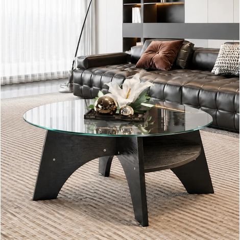 Table basse ronde Ø 80 cm en verre de sécurité et MDF noir DESVIAE (1/5)