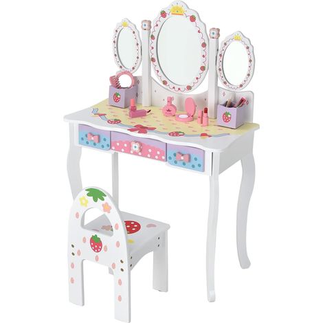 GOPLUS Coiffeuse pour Enfant 2 en 1, Table de Maquillage avec Tabouret et 3 Miroirs Amovibles, Coiffeuse avec Tablette Spacieuse, 3 Tiroirs et 2 Boîtes de Rangement, Charge Max 20KG, Blanc (1/5)