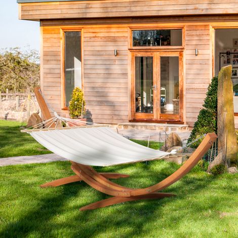 Hamac support coton Bois Blanc jardin extérieur 392x120x102 cm (1/4)