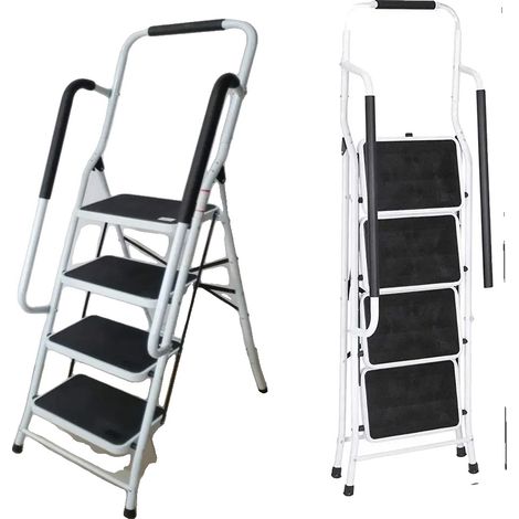 Escalera plegable de 4 peldaños con diseño antideslizante de seguridad, color blanco, 4XL (1/2)