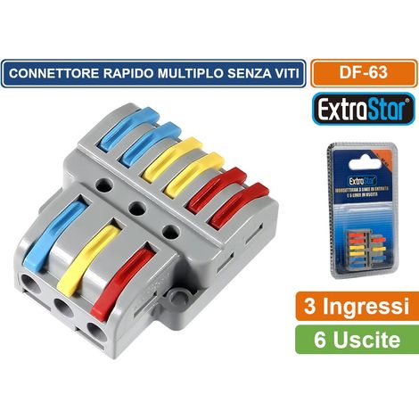 MORSETTO CONNETTORE UNIVERSALE MULTIPLO CONNESSIONE RAPIDA SENZA VITI 3 POLI IN INGRESSO 6 POLI IN USCITA (1/4)