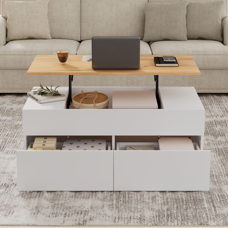 Tavolino da caffè 100x50x40 cm bianco e legno in truciolare con piano sollevabile e 2 cassetti (1/5)