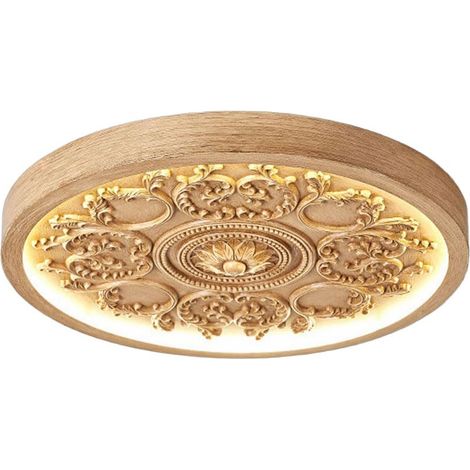 Plafonnier bois naturel 33 cm – Style rustique – Rond – LED – Montage plat – Salon/chambre
