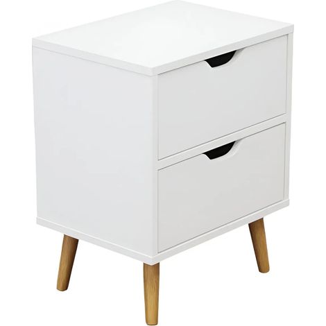Comodino 2 Cassetti Gambe in Legno Bianco Moderno Camera da Letto