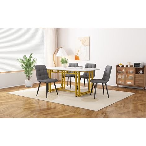 Table dorée de 120x70cm avec 4 chaises,ensemble de table à manger moderne de cuisine,chaise en lin gris foncé,table à pieds en fer doré