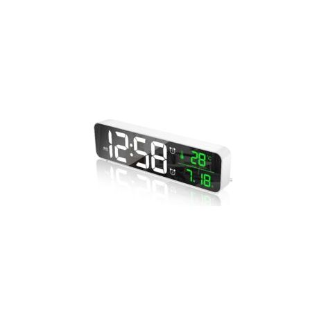 Reloj despertador digital de pared con espejo LED, pantalla grande, indicador de temperatura y fecha, 2 alarmas, 40 opciones musicales, 6 niveles de brillo ajustables, conexión USB para el hogar o la 