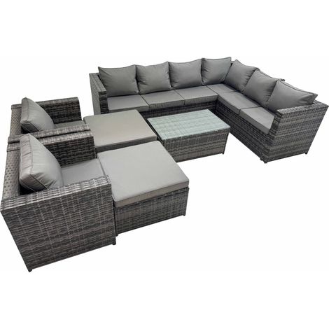 Fimous Patio Sofa Oblong Coffee Table Set Rattan Garden Furniture Set with 2 Chairs 2 Big Stools Dark Grey Mixed (1/5)