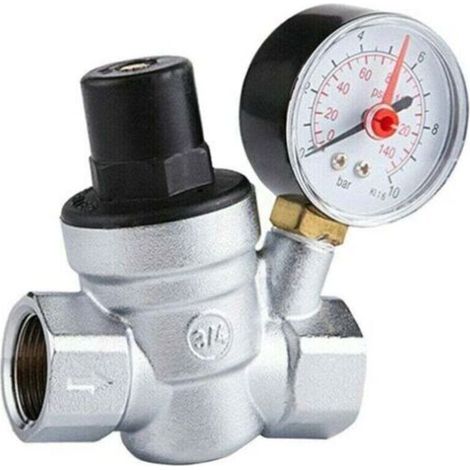 DN20 Vanne de Réduction de Pression d'eau Réglable avec Manomètre Compteur de Pression, Reducteur de Pression d'eau 3/4 pouce Regulateur de Pression Eau avec Manomètre (1/4)