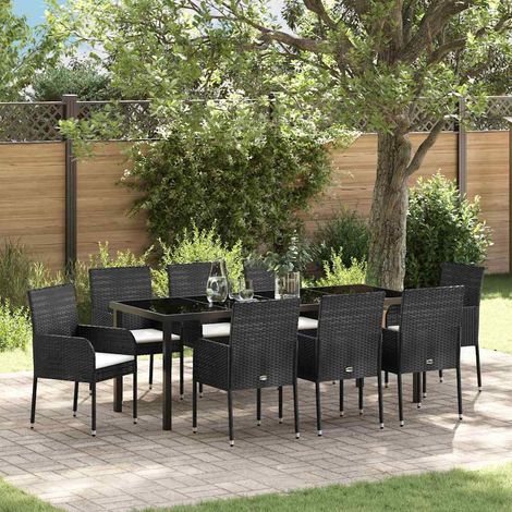 Garten Essgruppe mit Kissen 9 pcs Schwarz Poly-Rattan