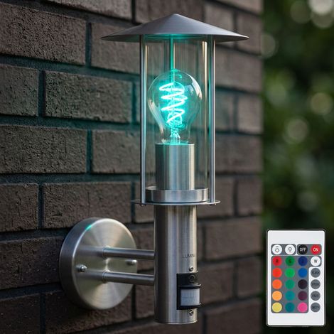 Außen Wand Lampe Garten Edelstahl Glas Leuchte Bewegungsmelder FERNBEDIENUNG im Set inkl. RGB LED Leuchtmittel (1/5)