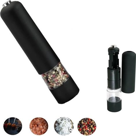 Elektrische Pfeffermühle – 22 cm – Mahlgrad einstellbar – 1 Gewürzmahlwerk – LED-Beleuchtung – Kunststoff – Wiederaufladbar – Schwarz (1/5)