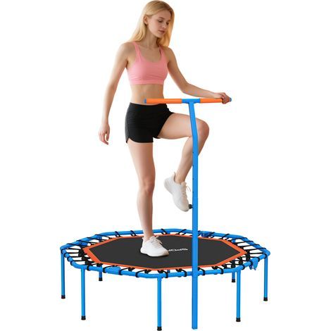 Fitness-Trampolin. Trainingstrampolin mit verstellbarer Stützstange. Stabil und leise. Für den Innenbereich. Aus Stahl. Blau. (1/5)